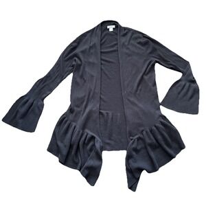 Garnet Hill Draped Poet Cardigan Wmn L Black Bell Sleeve Ruffle Hem Open Peplum